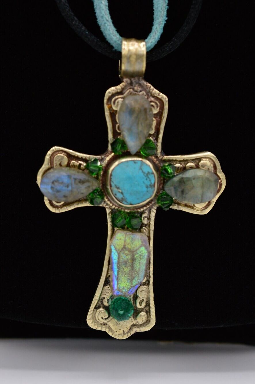 Vintage Victorian Revival Cross Pendant Necklace Crystal Chunky Cabochon BinG